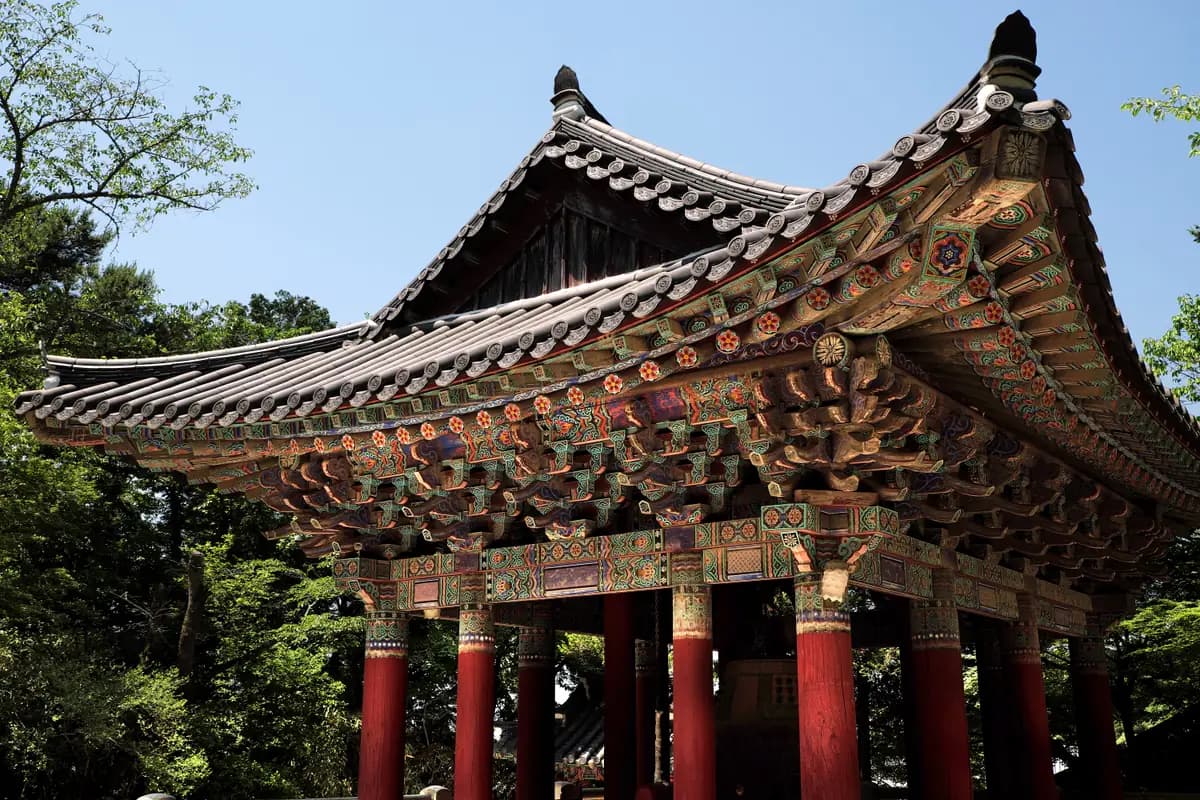 Painted eaves of the bell pavilion at Bulguksa temple, Gyeongju