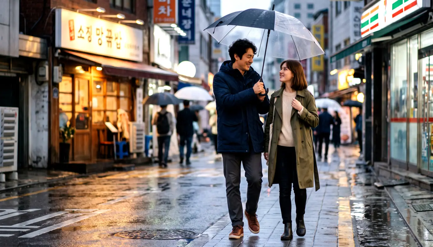 Two people under an umbrella on a rainy Seoul street lined with shops